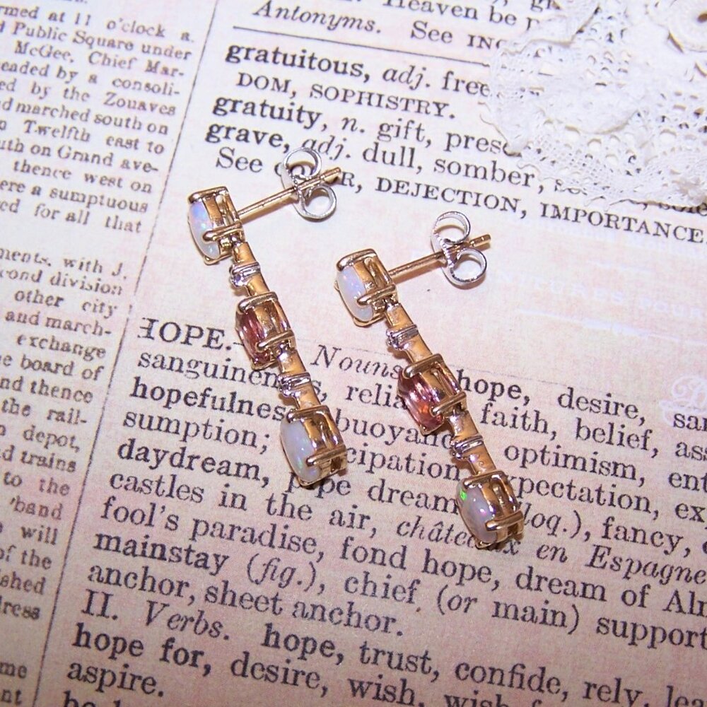 14K Gold Opal Diamond and Pink Tourmaline Dangle Drop Earrings - Posts with Nuts - Picture 9 of 11